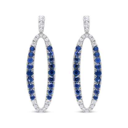 18K White Gold 1.11 Cttw Blue Round Diamond and Blue Sapphire Openwork Oval Shaped Dangle Earrings (F-G Color, VS1-VS2 Clarity)
