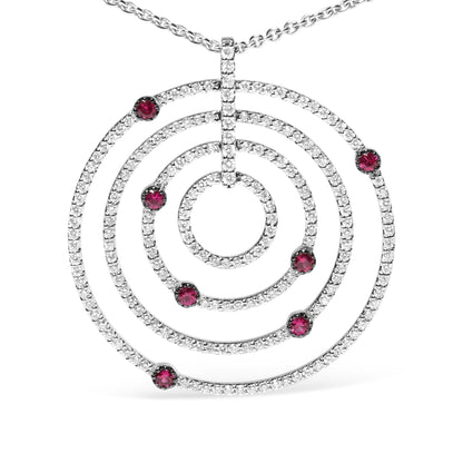 18K White Gold 2 1/6 Cttw Pave Set Diamonds and Red Ruby Openwork Circles 18" Pendant Necklace  (G-H Color, SI2-I1 Clarity) - Adjustable up to 16" - 18"