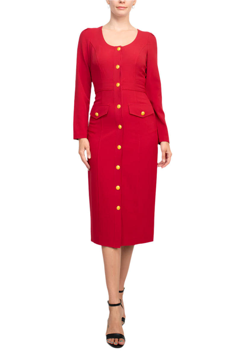 Taylor scoop neck long sleeve banded front button closure solid stretch crepe dress