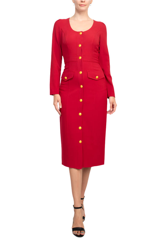 Taylor scoop neck long sleeve banded front button closure solid stretch crepe dress