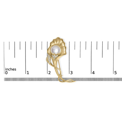 18K Yellow Gold 2/5 Cttw Diamond and 12MM Cultured South Sea Pearl Flower Pin Brooch (G-H Color, VS1-VS2 Clarity)