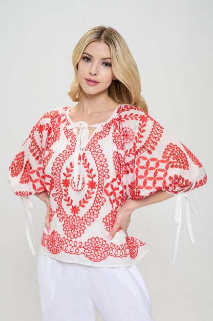 Embroidered Cotton V neck Half Puff Sleeve Top with Tie