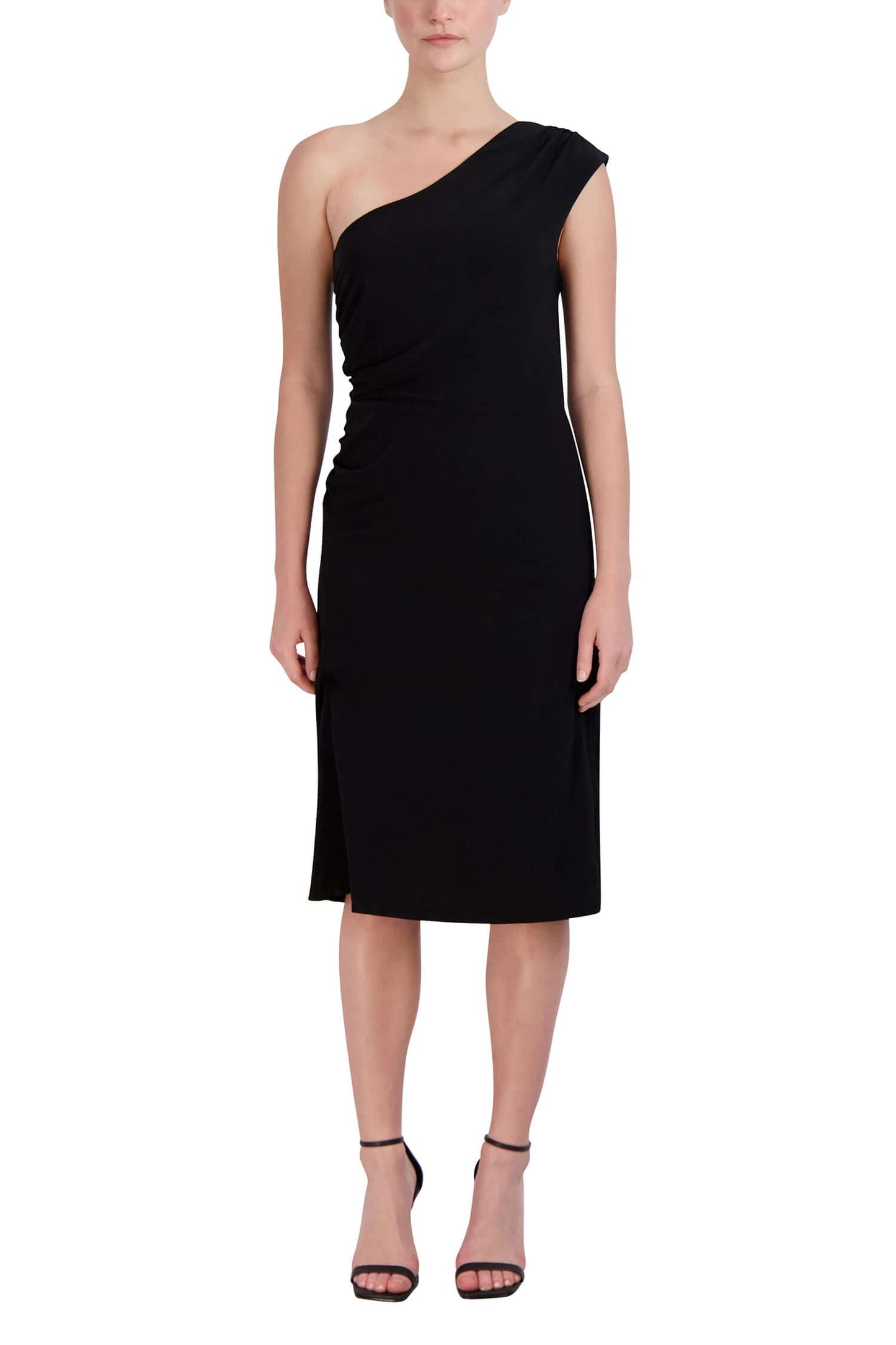 Laundry One Shoulder Sleeveless Gathered Side Zipper Back Solid Sheath ITY Dress