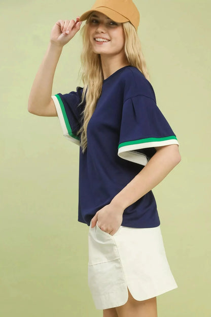 Umgee Contrast Trim Bell Sleeve Top
